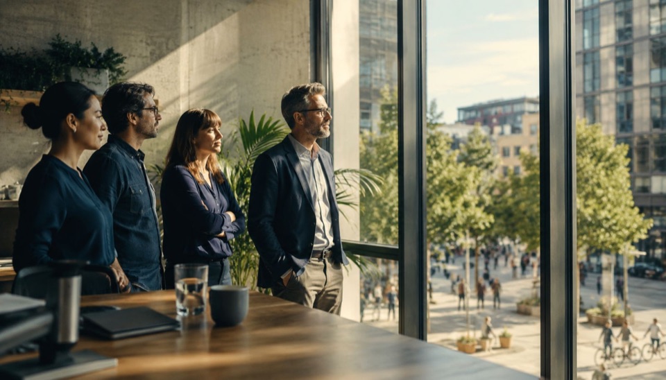 colleagues looking out from a bright workspace