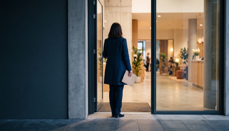 Person entering an office building while holding a folder