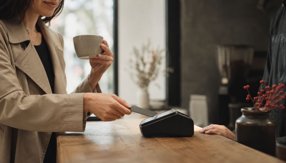 Person paying for a coffee by card