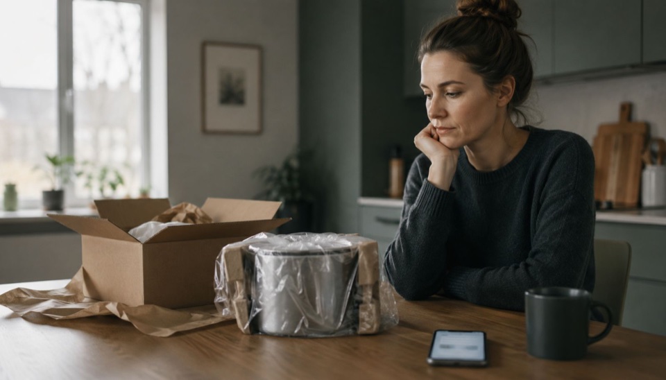 Person considering a recent purchase at home
