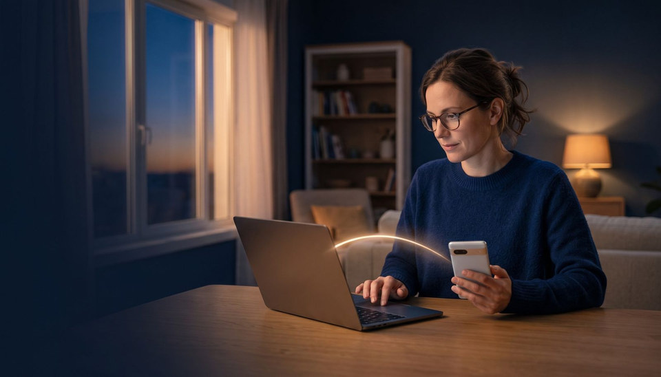 Woman using a phone and laptop at home