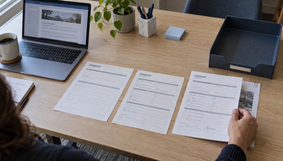 A person holds a completed form beside unfinished forms, an open intranet page and an empty document tray.