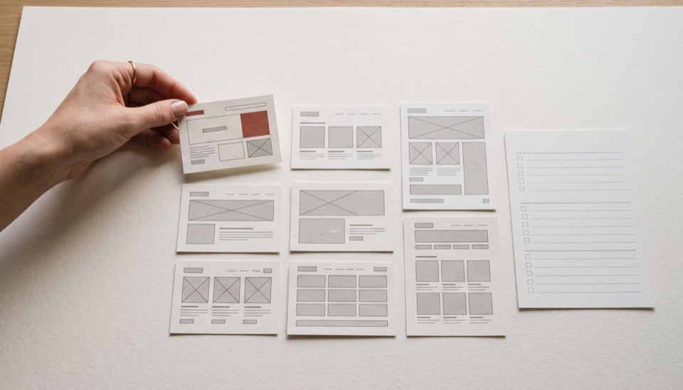 A hand selects a paper website layout beside other page designs and a planning checklist.