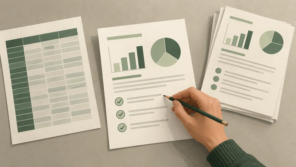 A hand checks a short report beside a source-data table, with duplicate reports set aside.